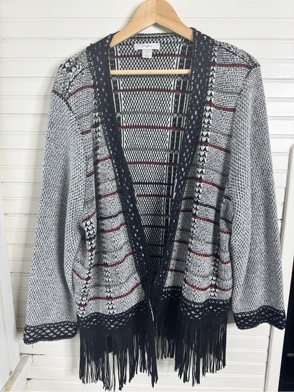 CJ Banks Black, Gray & Maroon Open-Front Fringe Cardigan